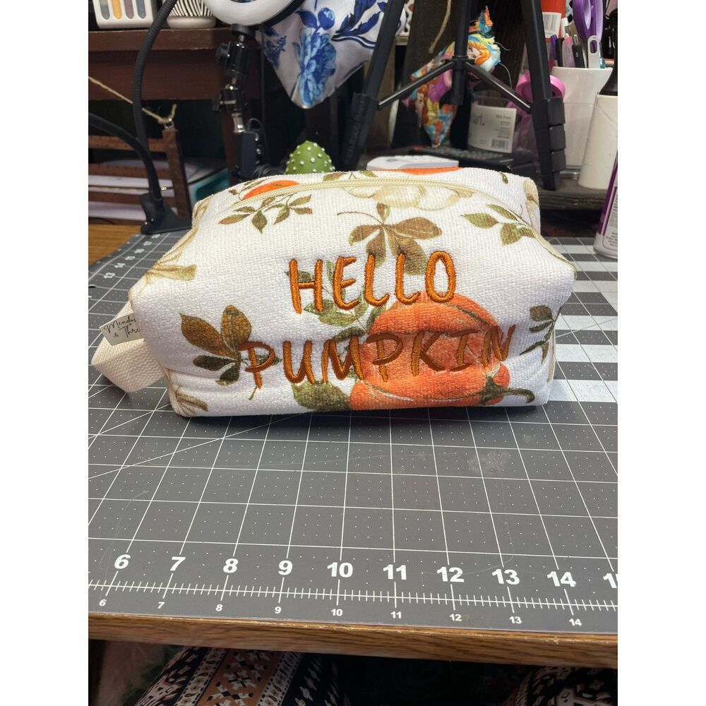 Handmade Fall Boxy Cosmetic Bag – “Hello Pumpkin” Pumpkin & Leaves